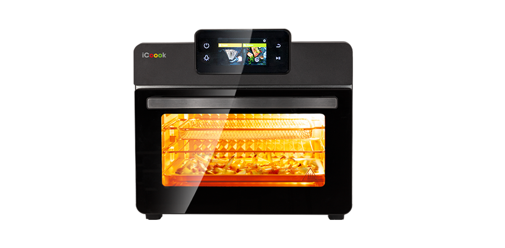 Frytkownica beztłuszczowa Oven Air Fryer iCoook MFR-IC-03 z podświetlonym wnętrzem i panelem dotykowym.