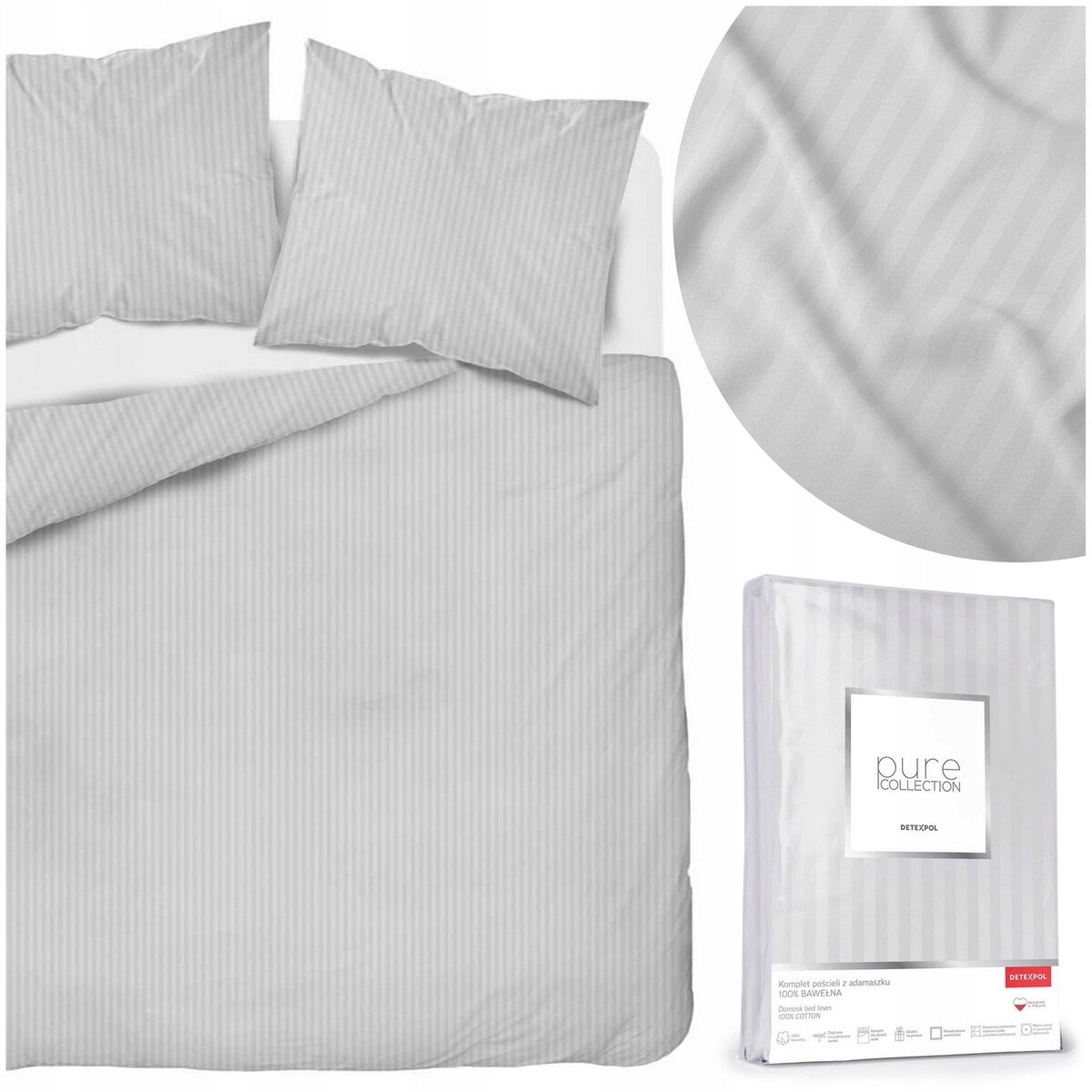Komplet pościeli w szarym kolorze z delikatnym, pionowym wzorem w paski, składający się z poszwy na kołdrę i dwóch poduszek. Opakowanie zawiera napis \'pure collection\' oraz \'DETEXPOL\'.