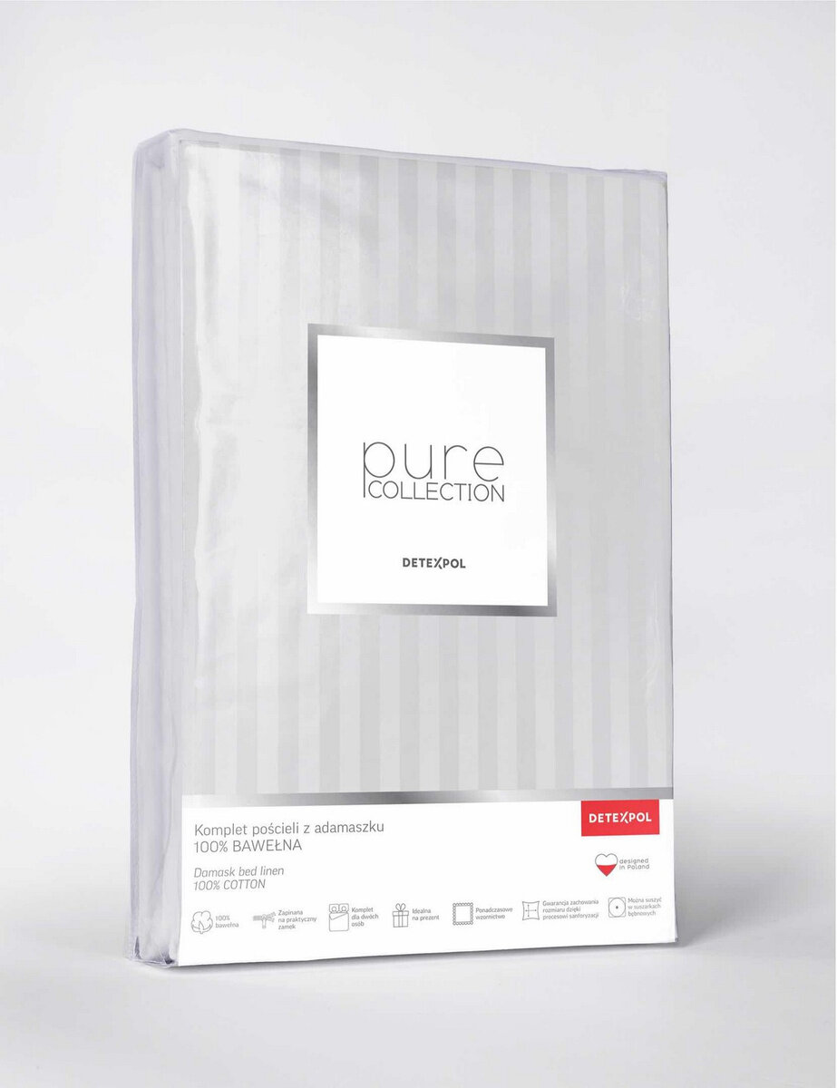 Opakowanie pościeli z napisem \'pure COLLECTION DETEXPOL\'. Na dole widnieje tekst: \'Komplet pościeli z adamaszku 100% BAWEŁNA\'.