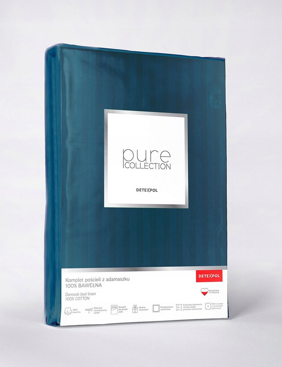 Opakowanie pościeli z napisem \'pure COLLECTION DETEXPOL\' na przodzie. Na dole widnieje tekst: \'Komplet pościeli z adamaszku 100% BAWEŁNA\'.