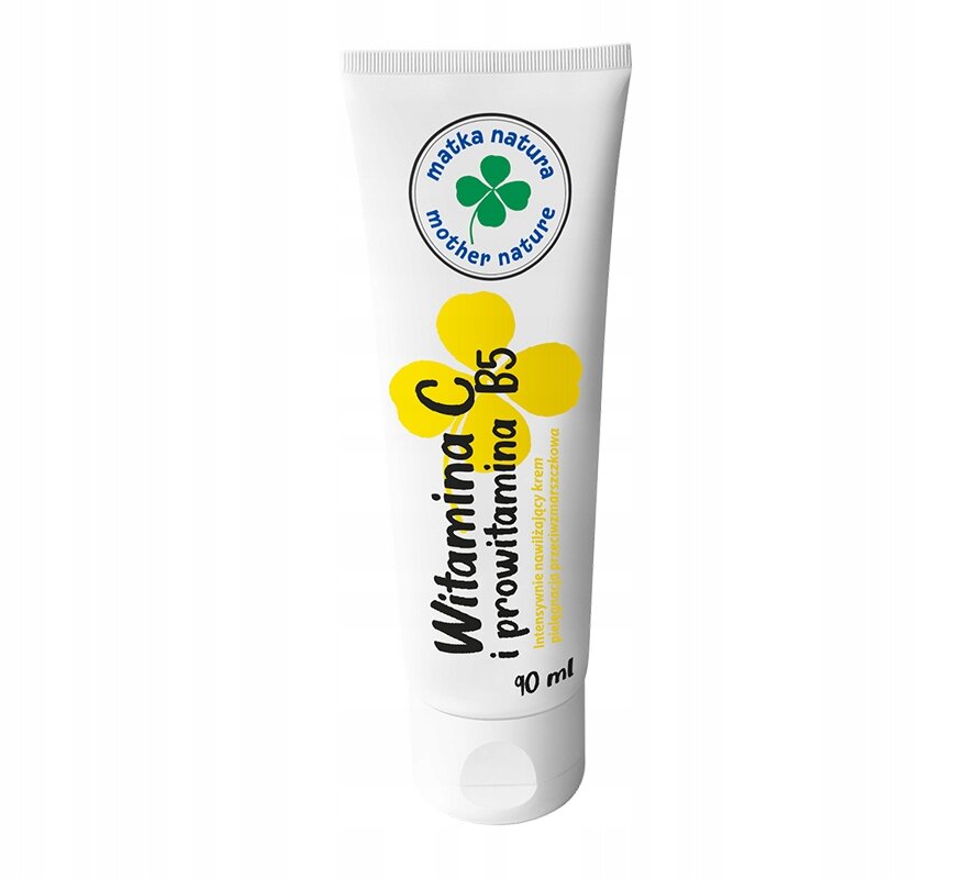 Biała tubka z napisem \'Witamina C i prowitamina B5\' oraz logo \'matka natura mother nature\'. Pojemność 90 ml.