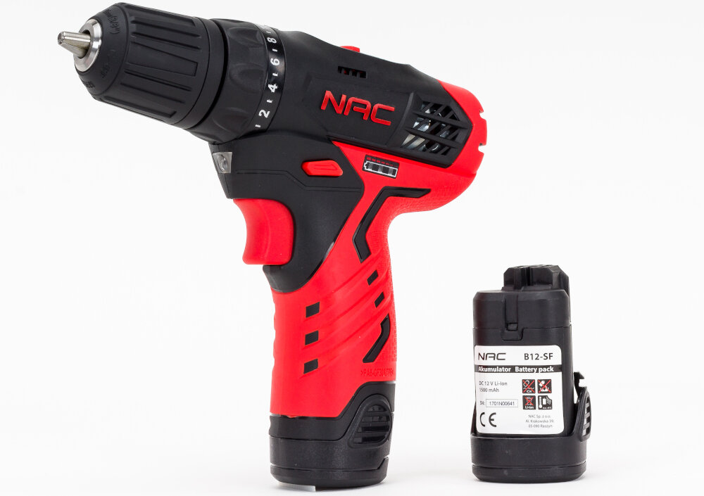 Wiertarko-wkrętarka NAC CDB12-SF silnik szczotkowy akumulator Li-Ion napięcie 12 V pojemność 1,5 Ah maksymalny moment obrotowy do 28 Nm maksymalna prędkość obrotowa do 1100 obr/min
