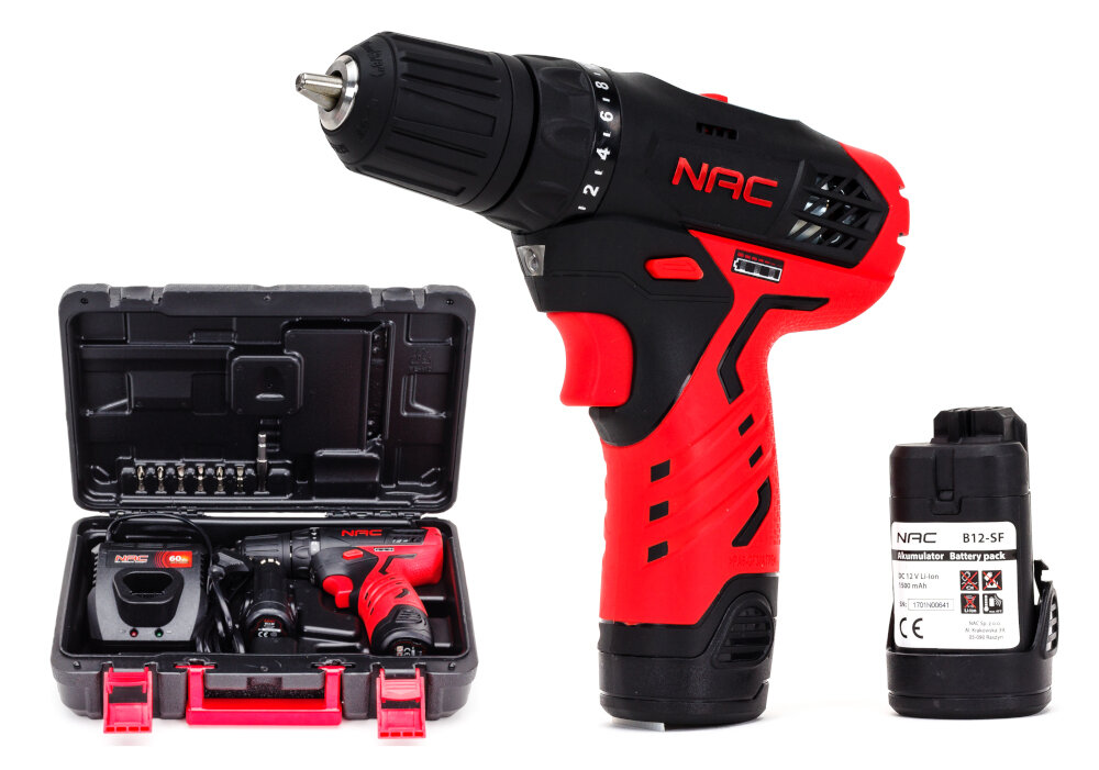 Wiertarko-wkrętarka NAC CDB12-SF w zestawie 2 akumulatory ładowarka końcówka wkręcająca uchwyt do bitów walizka instrukcja obsługi w języku polskim karta gwarancyjna