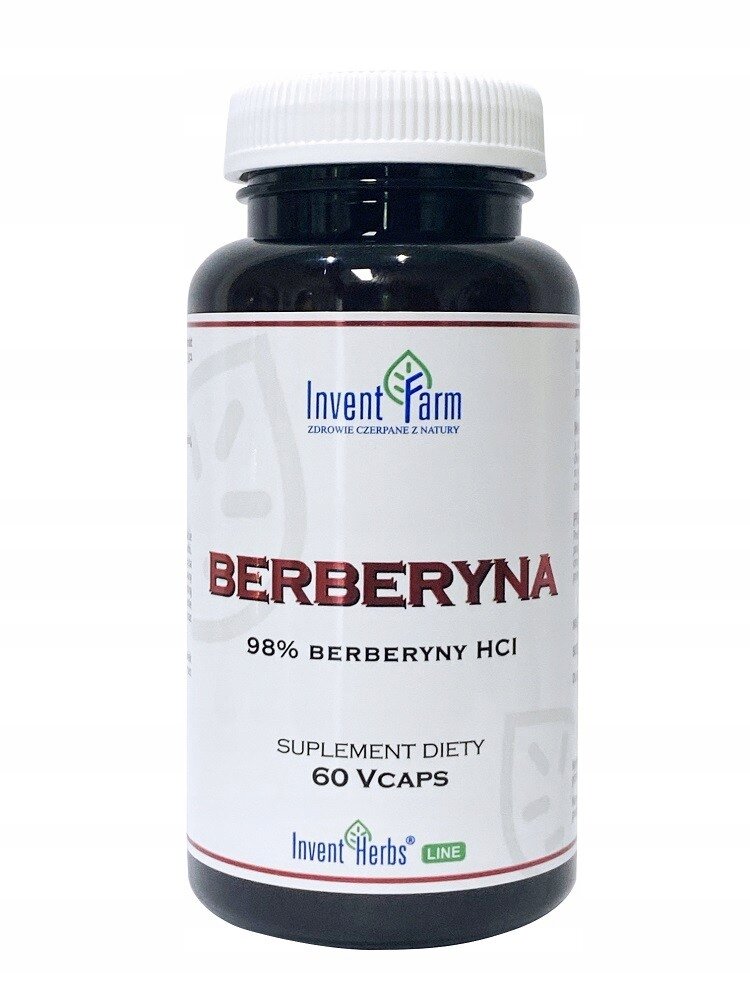 Butelka z białą etykietą zawiera napisy: \'Invent Farm\', \'BERBERYNA\', \'98% BERBERYNY HCl\', \'SUPLEMENT DIETY\', \'60 VCAPS\'.