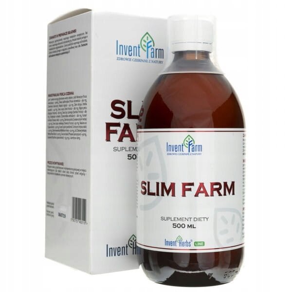 Na obrazie widoczna jest butelka z ciemnego szkła z etykietą \'Invent Farm Slim Farm Suplement diety 500 ML\' oraz pudełko z podobnym oznaczeniem. Logo \'Invent Farm\' znajduje się na obu elementach opakowania.