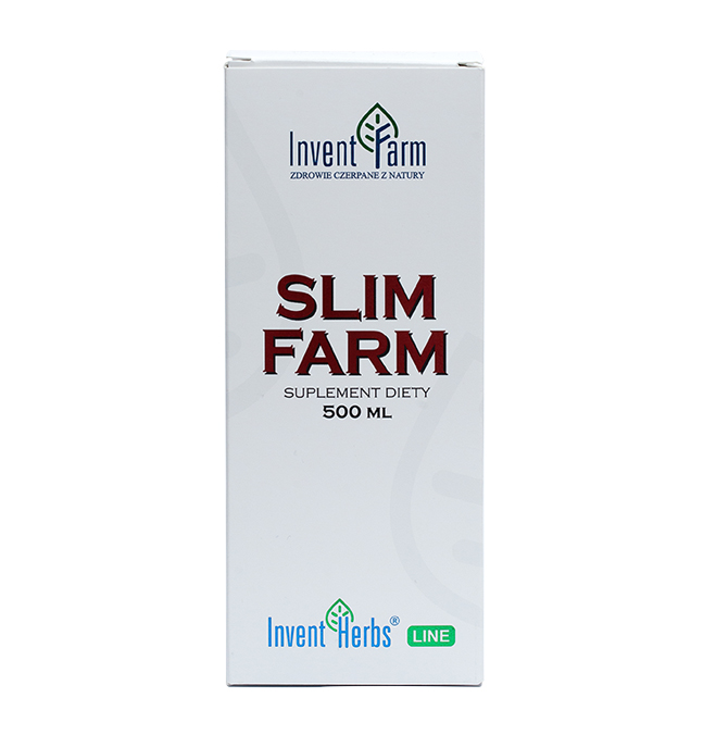 Opakowanie produktu z napisem \'Invent Farm Slim Farm Suplement Diety 500 ML\'. Widoczne jest logo \'Invent Herbs LINE\'.