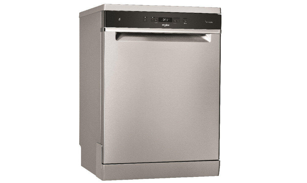 Zmywarka w kolorze inox z panelem sterowania na górze, na którym widoczne jest logo \'whirlpool\'.