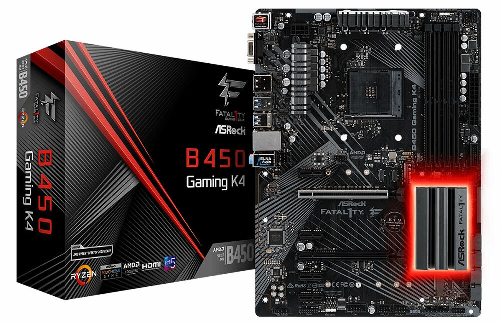 Płyta główna ASROCK Fatal1ty B450 Gaming K4 - wygląd ogólny opakowanie technologia wydajność 64GB pamięci operacyjnej 3200 MHz