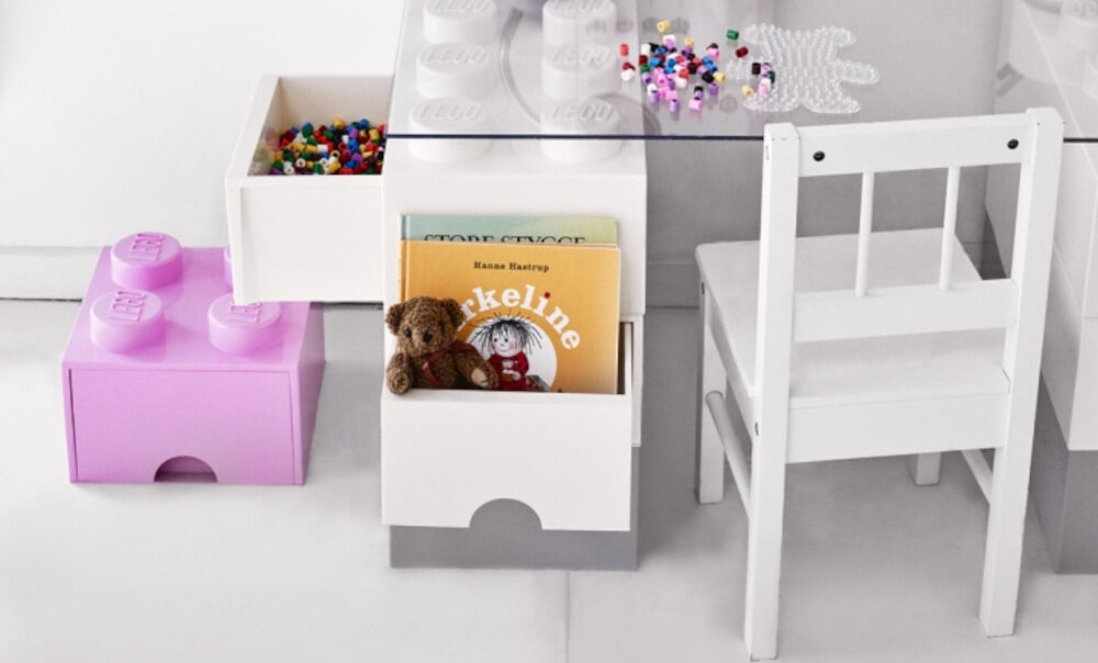 Pojemnik na LEGO z szufladkami Brick szkoła przechowywanie skarby dzieci chusteczki łączenie wyobraźnia fantazja biurko porządek organizacja