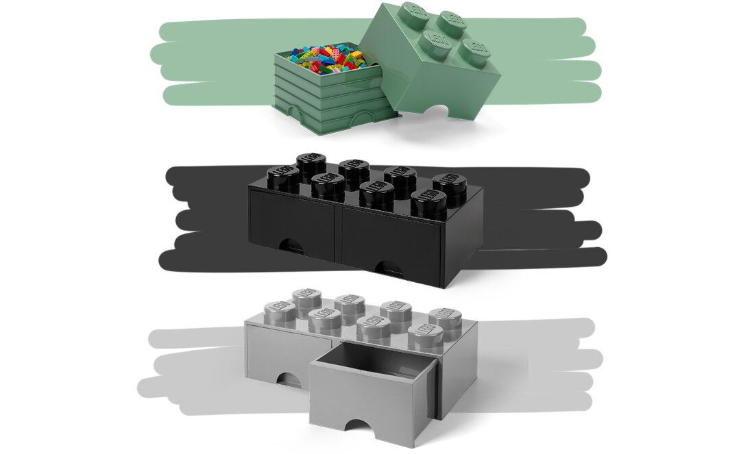 Pojemnik na LEGO z szufladkami Brick szkoła przechowywanie skarby dzieci chusteczki łączenie wyobraźnia fantazja biurko porządek organizacja