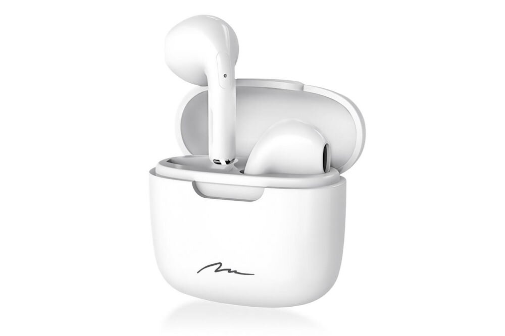 Słuchawki douszne MEDIA-TECH R-Phones TWS MT3589W - Powerbox – ładowarka i etui, bateria uzupełnia się w około godzinę, Powerbox pozwala na trzy pełne ładowania, waga, słuchawki z etui ładującym na białym tle