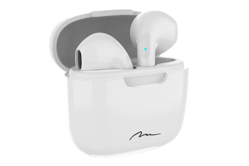 Słuchawki douszne MEDIA-TECH R-Phones TWS MT3589W - Wygodne rozmowy telefoniczne, mikrofon, wyraźne rozmowy, słuchawki z etui ładującym na białym tle