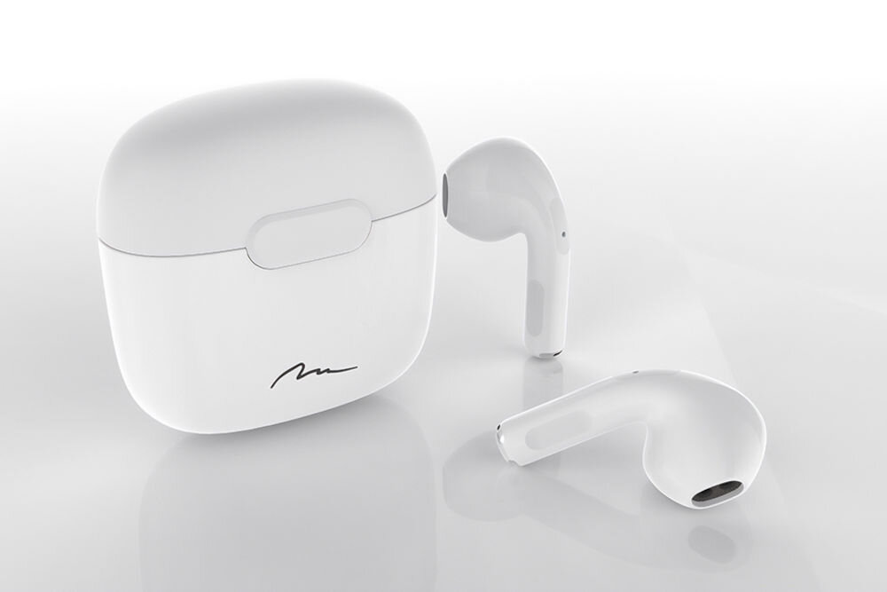 Słuchawki douszne MEDIA-TECH R-Phones TWS MT3589W - Bezprzewodowa wygoda i dźwięk, słuchawki z etui ładującym na biało-szarym blacie