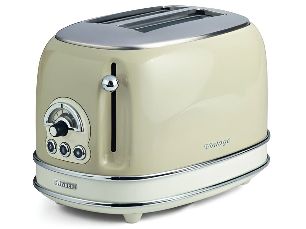Toster ARIETE 155/03 Vintage toster elegancki retro dwa otwory pokrętła guziki gałka nóżki specjalne szczypczyki ze stali nierdzewnej ciepłe kanapki ulubione dodatki bez wypadania w trakcie opiekania szybkie pożywne śniadanie lunch kolacja rozmrażanie podgrzewanie pieczywa ciepłe chrupiące pieczywo