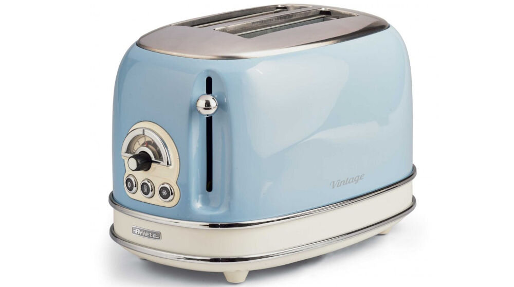 Toster ARIETE 155/05 Vintage toster elegancki retro dwa otwory pokrętła guziki gałka nóżki specjalne szczypczyki ze stali nierdzewnej ciepłe kanapki ulubione dodatki bez wypadania w trakcie opiekania szybkie pożywne śniadanie lunch kolacja rozmrażanie podgrzewanie pieczywa ciepłe chrupiące pieczywo