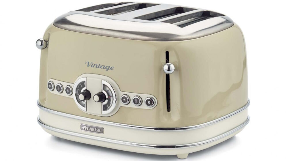 Toster ARIETE 156/03 Vintage beżowy toster elegancki retro cztery otwory pokrętła guziki gałka nóżki białe tło rozmrażanie podgrzewanie pieczywa świeże pieczywo dwie niezależne strefy opiekania jednoczesne przygotowanie czterech kromek wysoka moc na śniadanie i popułudniową przekąskę