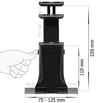 Czarny uchwyt samochodowy z regulacją wysokości od 110 mm do 220 mm i szerokości od 75 mm do 125 mm, z ilustracją dłoni wskazującą na mechanizm regulacji.