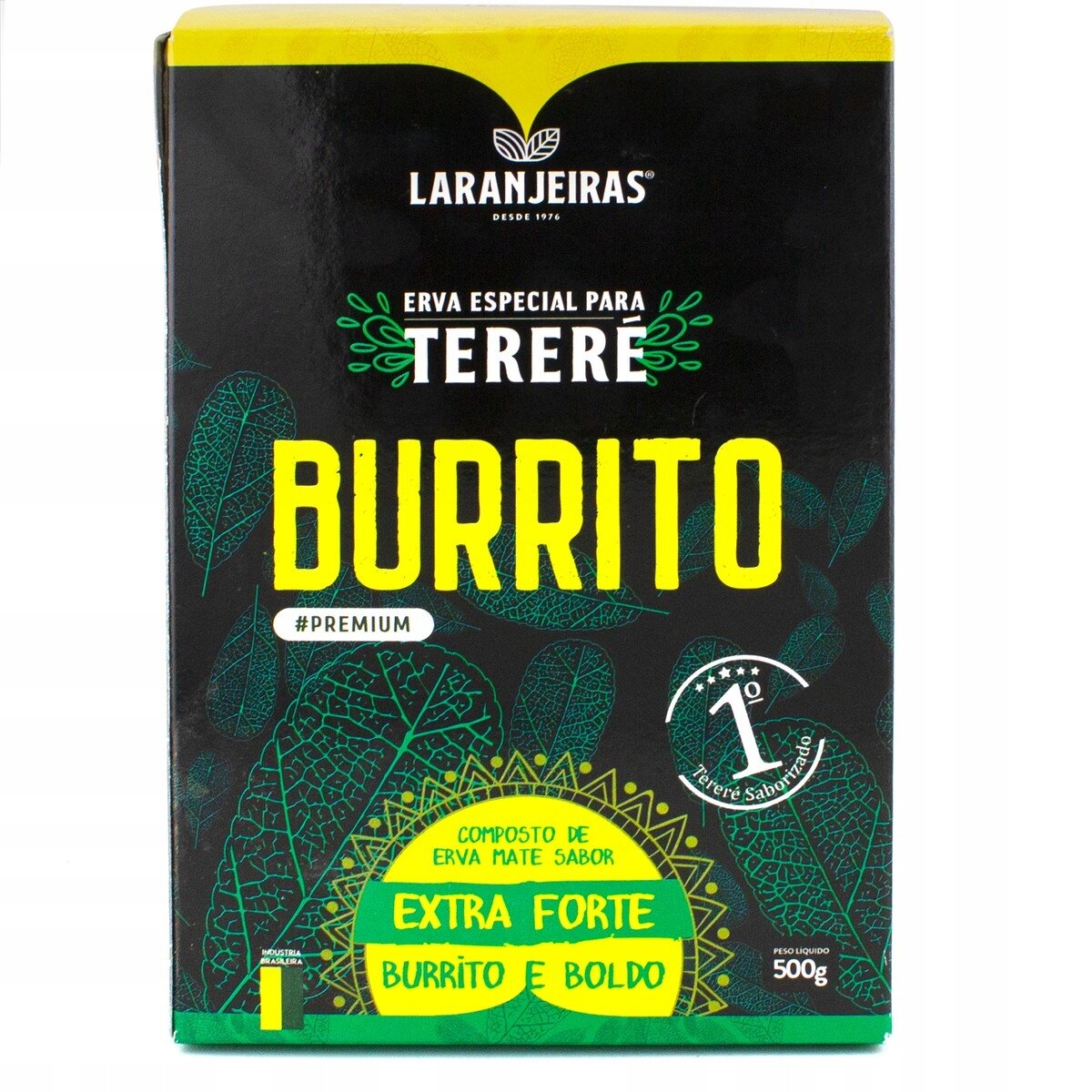 Opakowanie produktu Yerba Mate Laranjeiras Terere Burrito Boldo 500g z napisem \'BURRITO\' oraz \'EXTRA FORTE BURRITO E BOLDO\'. Widoczne logo Laranjeiras i oznaczenie \'#PREMIUM\'.