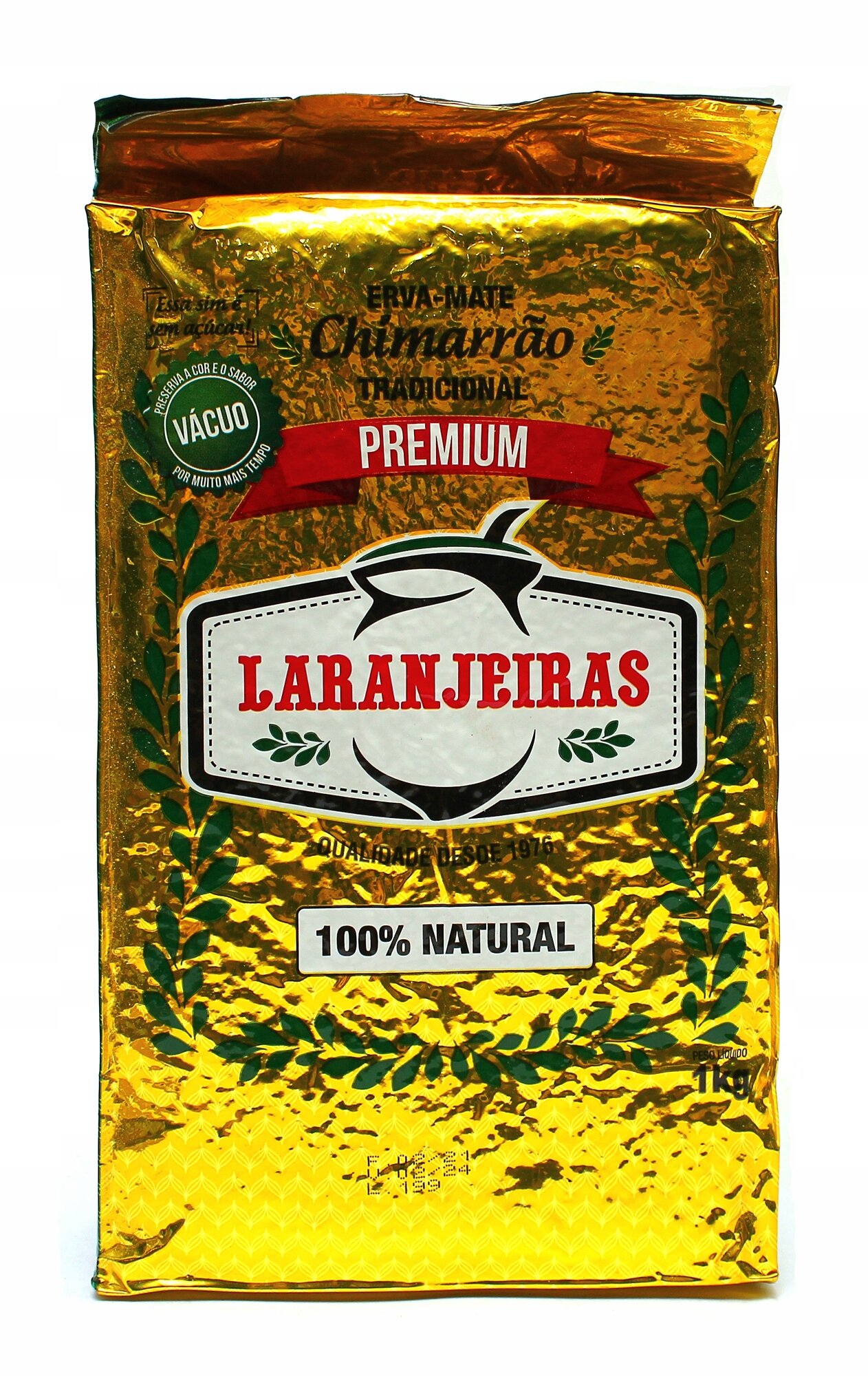 Złote opakowanie Yerba Mate z napisem \'Laranjeiras\' oraz \'100% Natural\'.