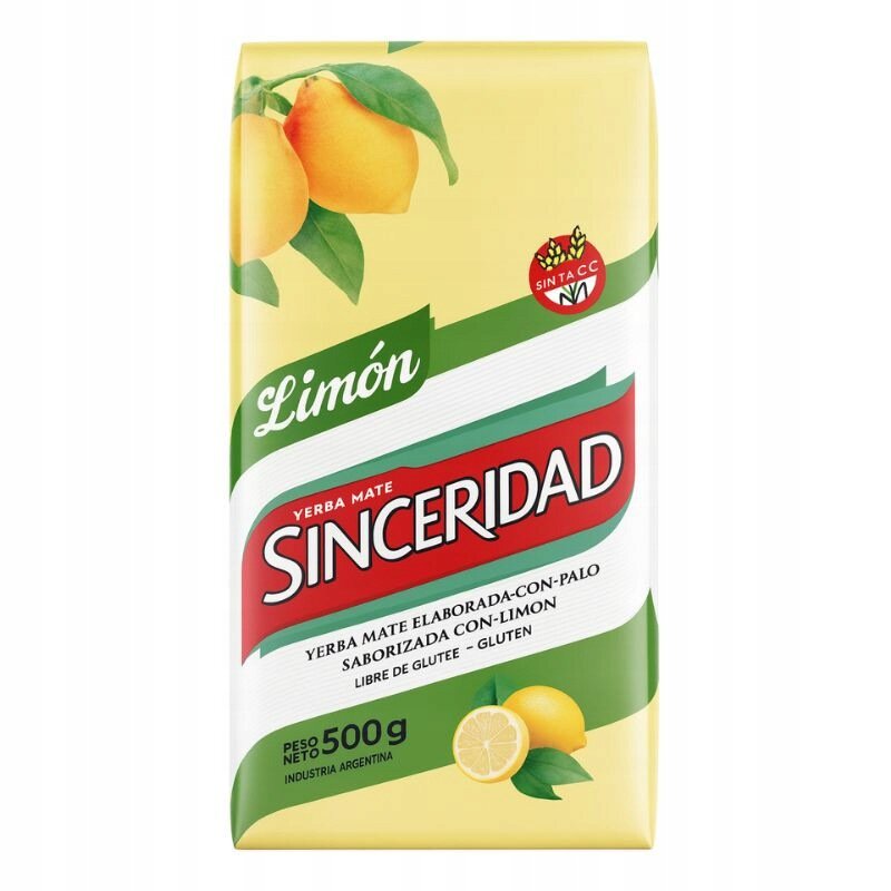 Opakowanie Yerba Mate Sinceridad Limon z grafiką cytryn i napisem \'Yerba Mate Sinceridad\'. Widoczny tekst: \'Limón\', \'Yerba Mate Elaborada Con-Palo\', \'Saborizada Con-Limon\', \'Libre de Glutee - Gluten\', \'Peso Neto 500g\', \'Industria Argentina\'.