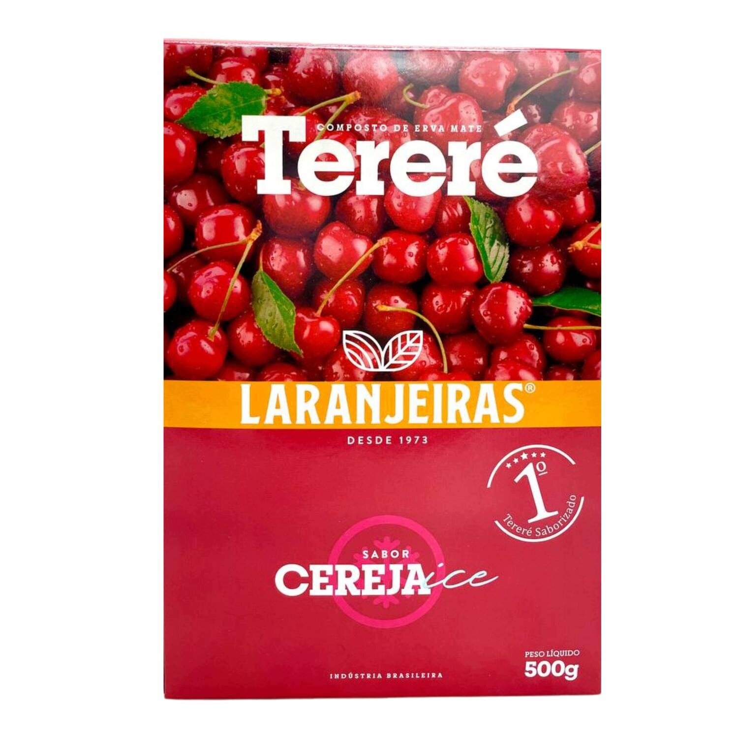 Opakowanie produktu z widocznymi czerwonymi wiśniami i zielonymi liśćmi. Na opakowaniu znajduje się tekst: \'Tereré\', \'Laranjeiras\', \'Sabor CEREJA ice\', \'Peso líquido 500g\'.