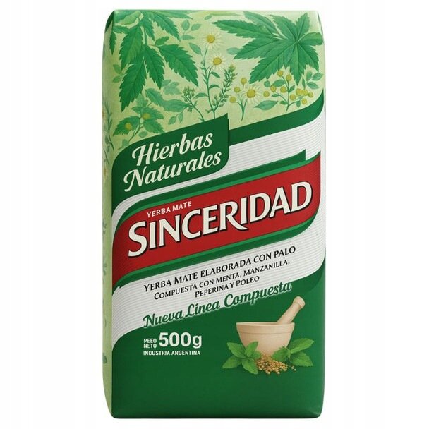 Opakowanie Yerba Mate Sinceridad Hierbas Naturales 500g z zielonymi liśćmi i ziołami na górze. Widoczny tekst: \'Hierbas Naturales\', \'Yerba Mate Sinceridad\', \'Yerba Mate Elaborada Con Palo\', \'Compuesta Con Menta, Manzanilla, Peperina y Poleo\', \'Nueva Línea Compuesta\', \'Peso Neto 500g\', \'Industria Argentina\'.