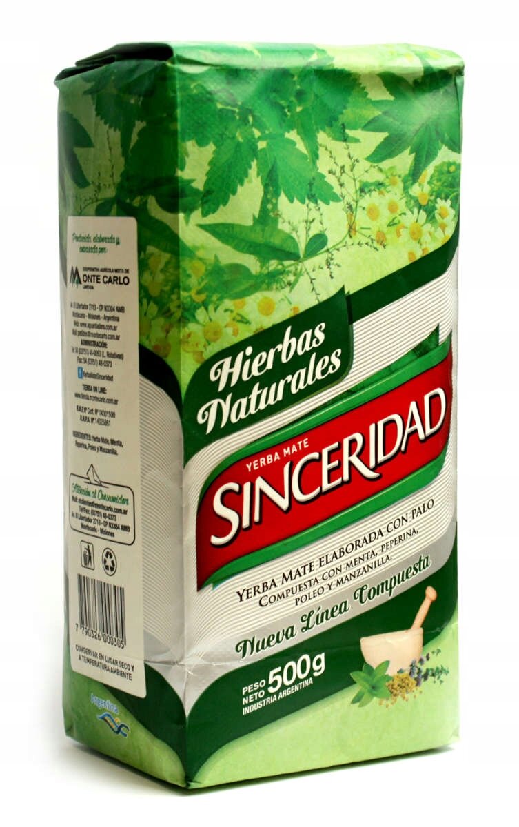 Opakowanie Yerba Mate Sinceridad Hierbas Naturales 500g z zielonymi liśćmi i białymi kwiatami na tle. Na opakowaniu widoczny jest tekst: \'Hierbas Naturales Yerba Mate Sinceridad Nueva Línea Compuesta\'.