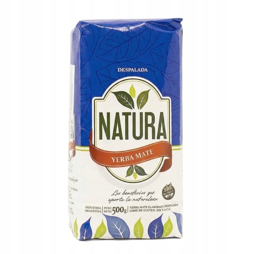 Opakowanie Yerba Mate Natura Despalada Sin Palo 500g z niebieskim tłem i zielonymi liśćmi wokół logo. Na opakowaniu widnieje tekst: \'NATURA YERBA MATE\', \'Los beneficios que aporta la naturaleza\', \'Industria Argentina\', \'Peso Neto 500g\', \'Yerba Mate Elaborada Despalada Libre de Gluten. Sin T.A.C.C.\'.