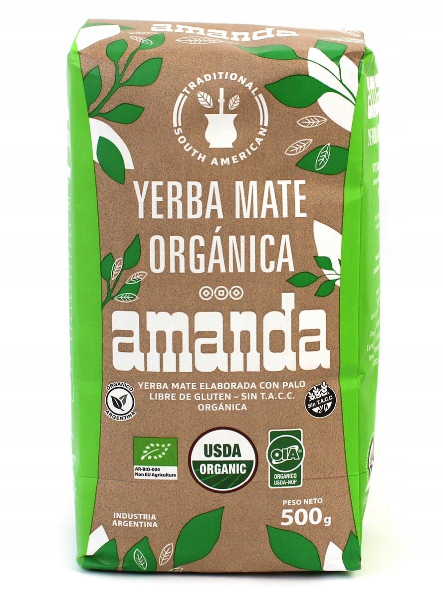 Opakowanie Yerba Mate Amanda Organica BIO 500g z zielonymi i brązowymi elementami oraz napisami: \'Yerba Mate Orgánica\', \'amanda\', \'USDA Organic\'.