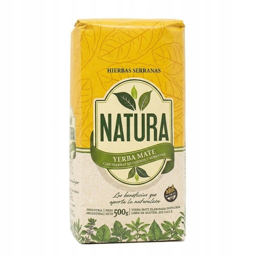 Opakowanie Yerba Mate Natura z napisem \'HIERBAS SERRANAS\' i \'NATURA\' na tle żółtych liści. Na dole widnieje informacja \'PESO NETO 500g\' oraz \'INDUSTRIA ARGENTINA\'.