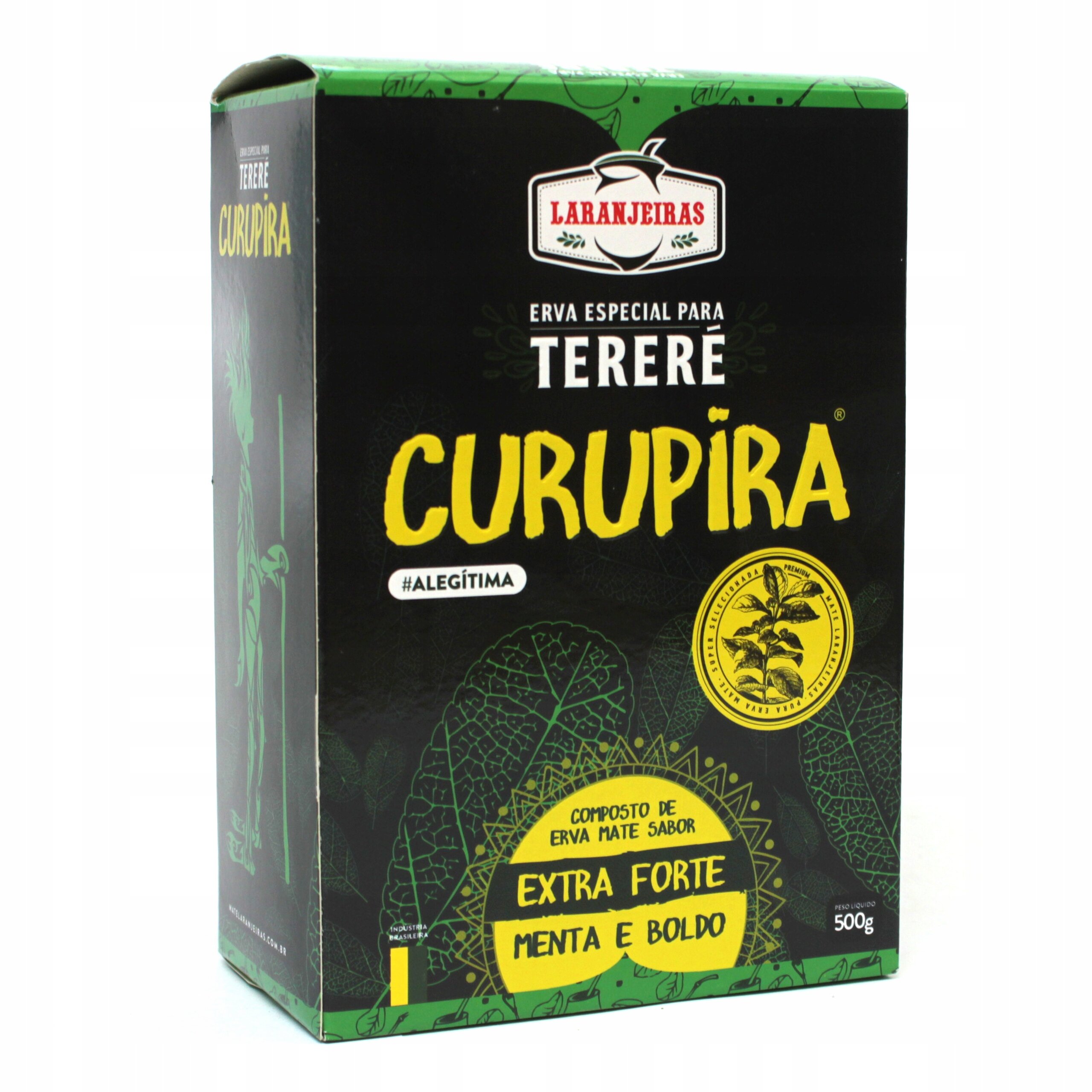 Opakowanie Yerba Mate Laranjeiras Terere Curupira Menta y Boldo 500g z widocznym logo Laranjeiras. Na opakowaniu napis: \'Erva Especial Para Tereré Curupira #Alegítima, Composto de Erva Mate Sabor Extra Forte Menta e Boldo\'.