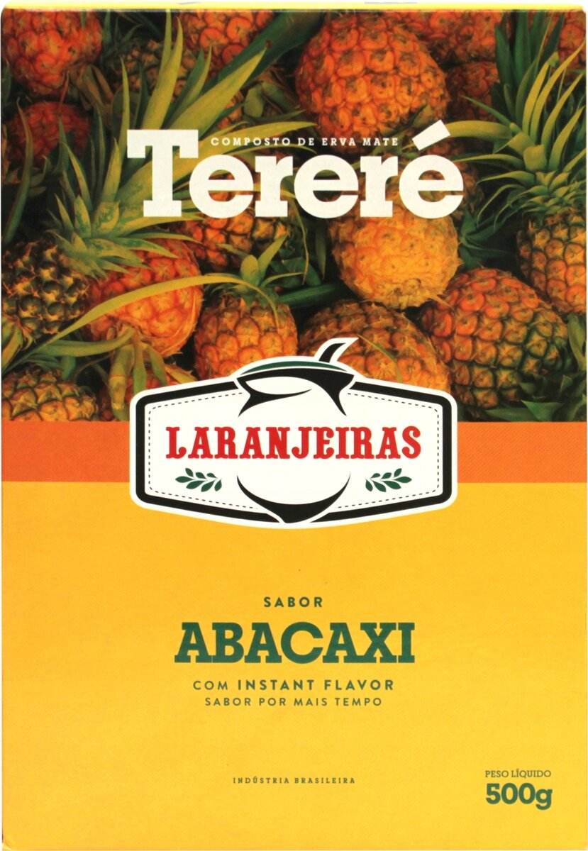 Opakowanie produktu z napisem \'Tereré\' i \'Laranjeiras\' na tle ananasów. Widoczny tekst: \'Sabor Abacaxi\', \'Com Instant Flavor\', \'Sabor por mais tempo\', \'Peso líquido 500g\'.