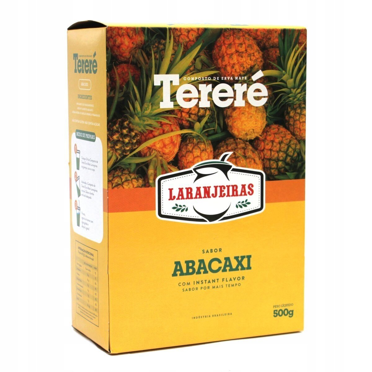 Opakowanie Yerba Mate Laranjeiras Abacaxi TERERE 500g z grafiką ananasów i logo Laranjeiras. Widoczny tekst: \'Sabor Abacaxi, Com Instant Flavor, Sabor Por Mais Tempo\'.