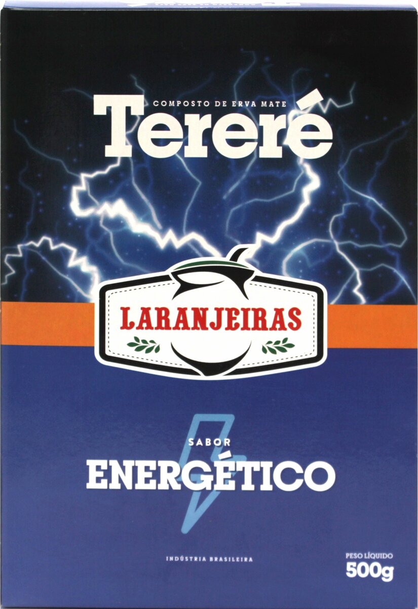 Opakowanie produktu z napisem \'Tereré\' i \'Laranjeiras\' na tle błyskawic. Widoczny tekst: \'Sabor Energético\', \'Peso Líquido 500g\'.