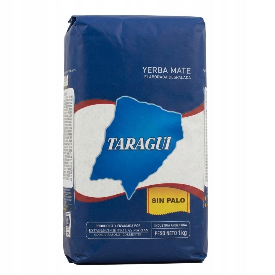 Opakowanie yerba mate marki Taragüi o wadze 1 kg, z napisem \'SIN PALO\' na żółtym tle. Widoczne są również napisy \'YERBA MATE ELABORADA DESPALADA\' oraz \'INDUSTRIA ARGENTINA\'.