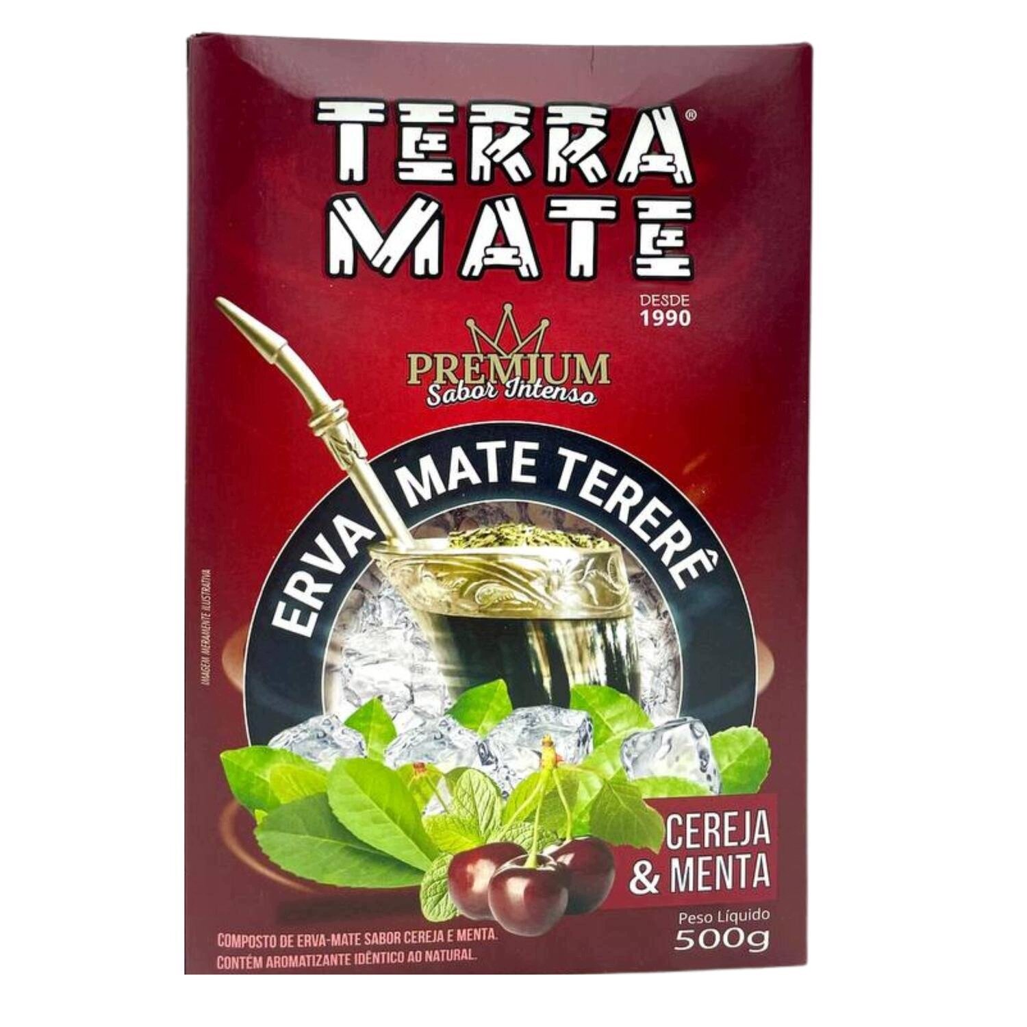Opakowanie produktu Terra Mate z napisem \'PREMIUM Sabor Intenso\' oraz \'ERVA MATE TERERÊ\'. Widoczne są liście, kostki lodu i wiśnie, a także informacja \'CEREJA & MENTA\' oraz \'Peso Liquido 500g\'.