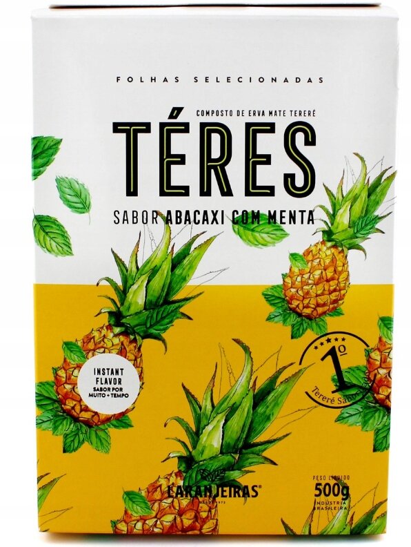 Opakowanie yerba mate z grafiką ananasów i liści, z napisem \'TÉRES SABOR ABACAXI COM MENTA\'. Widoczna jest informacja o wadze 500g oraz logo \'LARANJEIRAS\'.