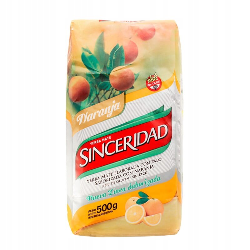 Opakowanie Yerba Mate Sinceridad Naranja o wadze 500g z grafiką pomarańczy i zielonymi liśćmi. Na opakowaniu widnieje tekst: \'Yerba Mate Sinceridad\', \'Naranja\', \'Nueva Línea Saborizada\', \'Peso Neto 500g\'.