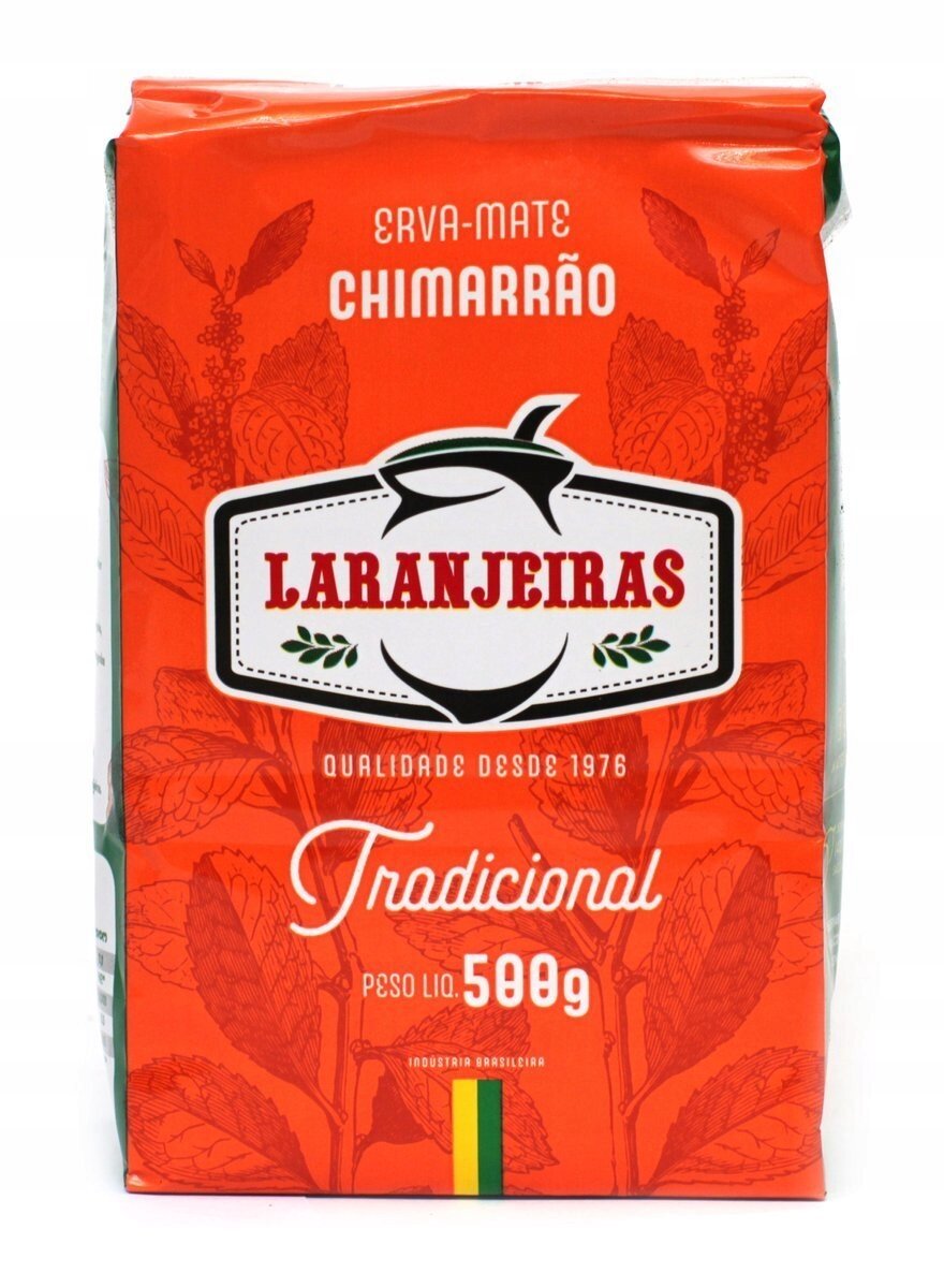 Opakowanie Yerba Mate Laranjeiras Chimarrao Tradicional o wadze 500g, z czerwonym tłem i białym logo z napisem \'Laranjeiras\'. Widoczny tekst: \'Erva-Mate Chimarrão\', \'Qualidade desde 1976\', \'Tradicional\', \'Peso Líq. 500g\', \'Industria Brasileira\'.