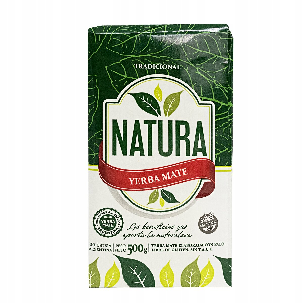 Opakowanie Yerba Mate Natura Elaborada Con Palo Tradicional 500g z zielonymi i białymi elementami oraz czerwonym napisem \'Yerba Mate\'. Widoczny tekst: \'Los beneficios que aporta la naturaleza\', \'Industria Argentina\', \'Peso Neto 500g\', \'Yerba Mate Elaborada Con Palo Libre de Gluten. Sin T.A.C.C.\'.