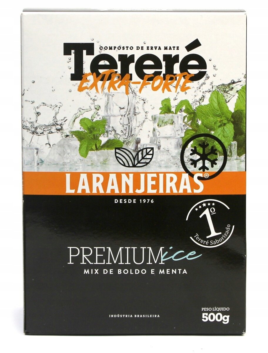 Opakowanie produktu Tereré Extra-Forte Laranjeiras z napisem \'PREMIUM ice MIX DE BOLDO E MENTA\'. Widoczne są liście mięty, kostki lodu oraz symbole liścia i płatka śniegu.