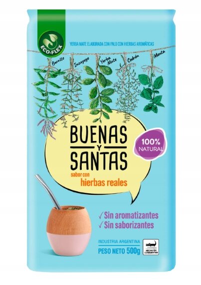 Opakowanie yerba mate Buenas y Santas 500g z grafiką ziół i napisem \'100% natural\'. Widoczny jest również napis \'Sin aromatizantes, Sin saborizantes\'.