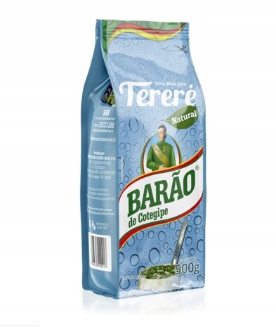 Opakowanie Yerba Mate Barao Terere Natural 500g z niebieskim tłem i grafiką przedstawiającą osobę oraz bombillę. Widoczny tekst: \'Tereré Natural\' oraz \'BARÃO de Cotegipe\'.