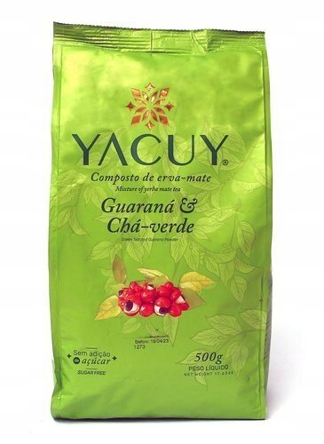 Opakowanie Yerba Mate Yacuy Chimarrao Guarana-Cha Verde 500g w zielonym kolorze z nadrukiem liści i czerwonych owoców. Widoczny tekst: \'YACUY\', \'Composto de erva-mate\', \'Guaraná & Chá-verde\', \'Sem adição de açúcar\', \'500g\'.