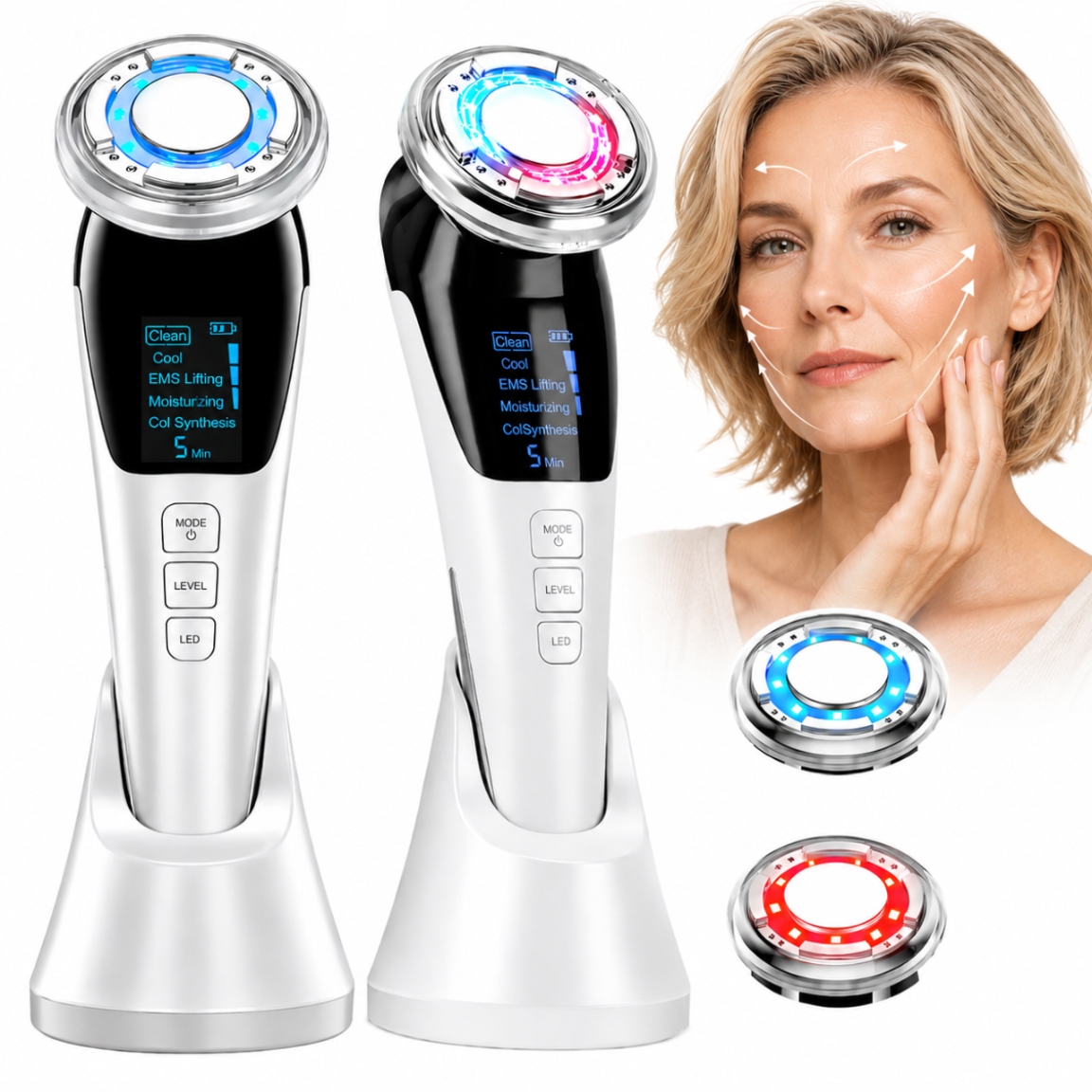 Na obrazie widoczne są dwa masażery do twarzy z wyświetlaczami LCD, pokazującymi tekst: \'Clean, Cool, EMS Lifting, Moisturizing, Col Synthesis, 5 Min\'. Obok znajduje się kobieta z zaznaczonymi liniami na twarzy oraz dwa okrągłe elementy z niebieskim i czerwonym światłem LED.