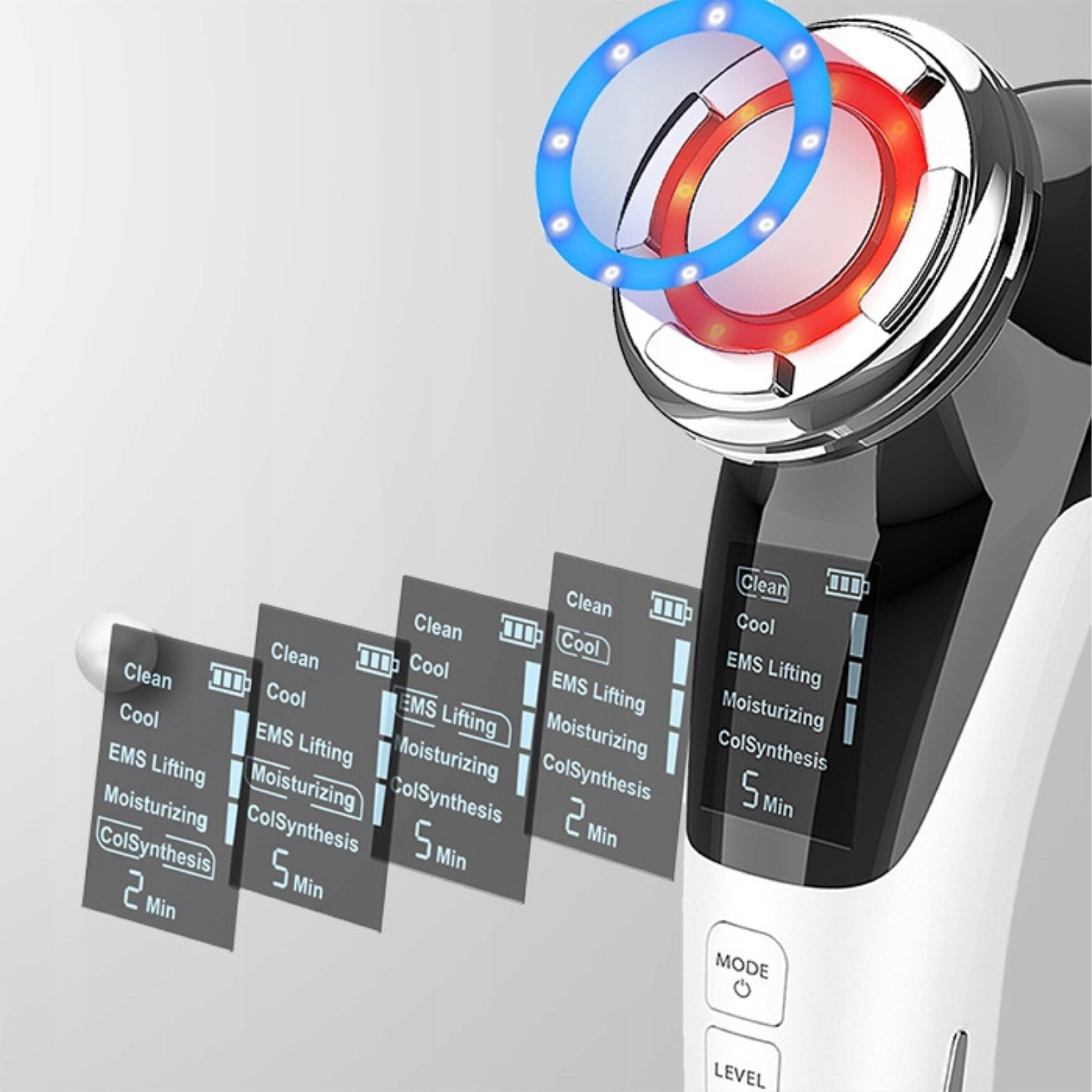 Urządzenie do mezoterapii bezigłowej z wyświetlaczem LCD pokazującym różne tryby: Clean, Cool, EMS Lifting, Moisturizing, ColSynthesis. Na głowicy widoczne są diody LED w kolorze niebieskim i czerwonym.