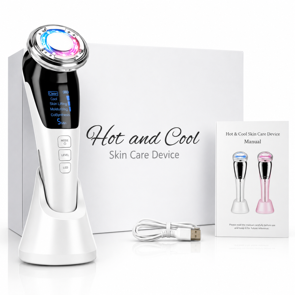Na obrazie znajduje się urządzenie do pielęgnacji skóry z wyświetlaczem LCD, stojące na podstawce, obok pudełka z napisem \'Hot and Cool Skin Care Device\'. Obok leży kabel USB oraz instrukcja obsługi z ilustracją urządzenia.
