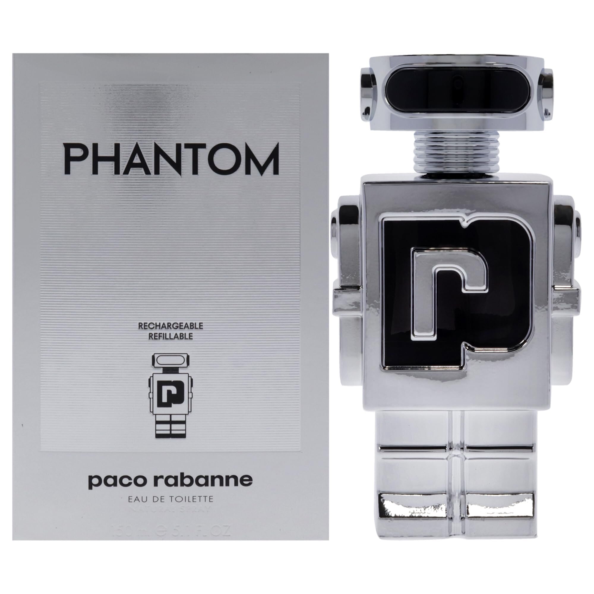 Na obrazie widoczna jest srebrna butelka perfum w kształcie robota oraz opakowanie z napisem \'PHANTOM\'. Na opakowaniu znajduje się również tekst \'paco rabanne EAU DE TOILETTE\'.