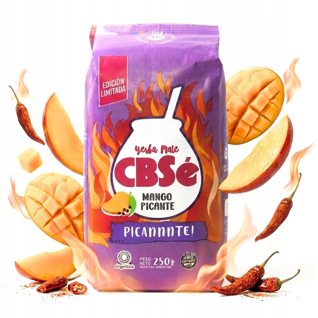 Opakowanie Yerba Mate CBSe Mango Picante 250g z grafiką płomieni i owoców mango oraz papryczek chili. Na opakowaniu widnieje tekst: \'Edición Limitada\', \'Yerba Mate CBSe\', \'Mango Picante\', \'Picannnte!\', \'Peso Neto 250g\', \'Industria Argentina\'.