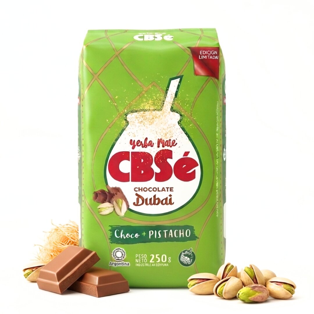 Opakowanie Yerba Mate CBSe Chocolate Dubái o wadze 250g z grafiką przedstawiającą czekoladę i pistacje. Na opakowaniu widnieje napis \'Edición Limitada\' oraz logo CBSe.
